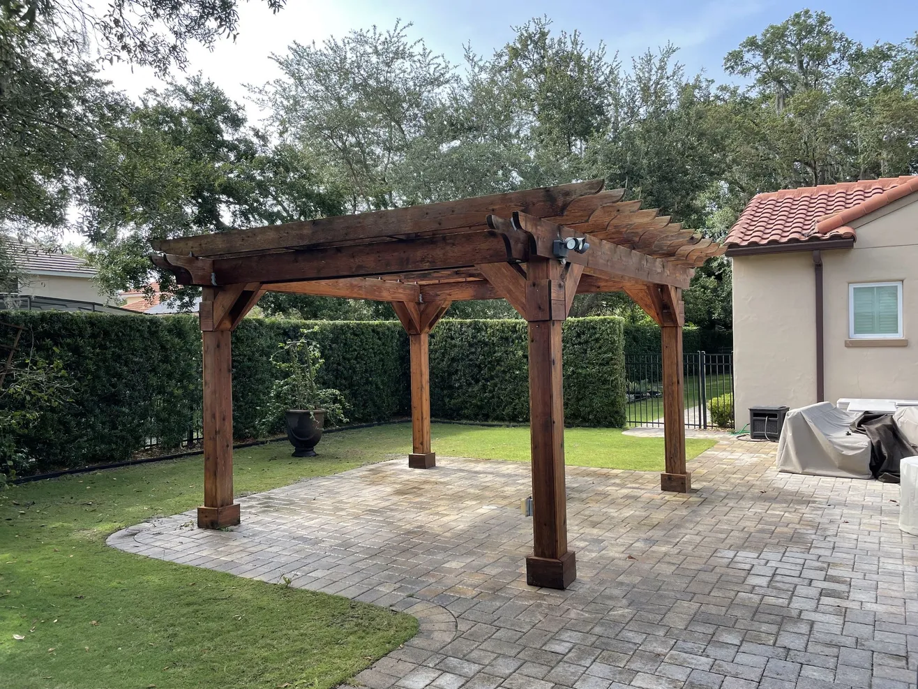 Stained pergola backyard