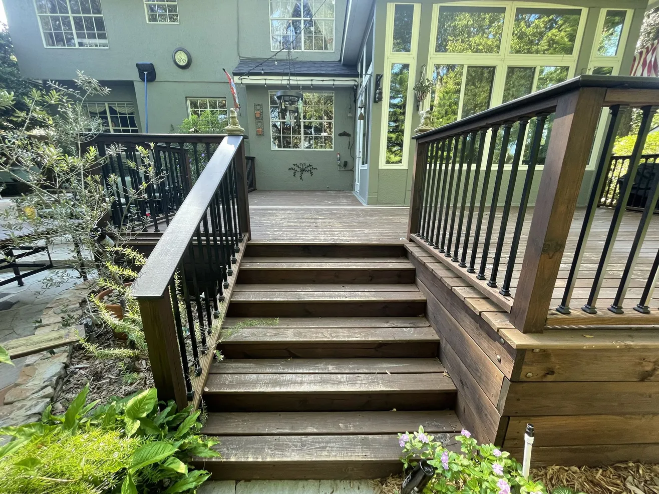 Deck stairs with railing